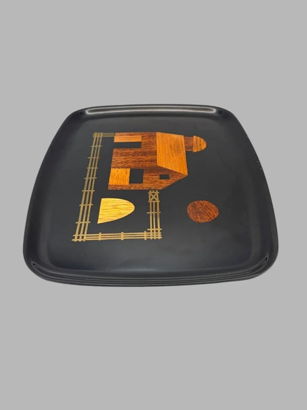 Vintage Couroc of Monterey Black Tray Wood Inlay Abstract House MCM 12.75 Inches